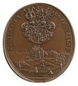 Bronze medal depicting the walled city of Kornburg, with the Rieter family crest above