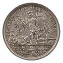Silver medal depicting the figure of mars leaping over defeated soldier with shields in his han…