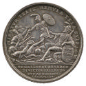 Silver medal depicting Mars seated to right, leaning on a shield and directing a soldier to van…