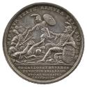 Silver medal depicting Mars seated to right, leaning on a shield and directing a soldier to van…