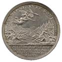 Silver medal depicting an angel with a flaming sword vanquishing the army of Sennacherib amid t…