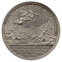 Silver medal depicting an angel with a flaming sword vanquishing the army of Sennacherib amid t…