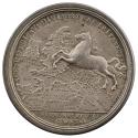 Silver medal depicting a horse leaping from Hanover to Britain