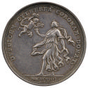 Silver medal depicting a Cupid holding two crowns and descending toward Venus, who advances fro…