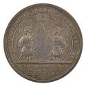 Silver medal depicting two trophies composed by the armors, arms and flags of the enemy; each h…