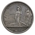 Silver medal depicting Minerva pointing a spear towards a war ship at sea