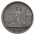 Silver medal depicting Minerva pointing a spear towards a war ship at sea