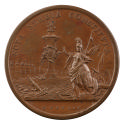 Bronze medal depicting Minerva fully armed resting her left arm on a shield with the coat of ar…