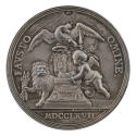 Silver medal depicting, in the foreground, a flaming altar over which, to the right, hovers a w…