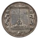 Silver medal depicting a frame enclosing the mutilated corpses of the de Witt brothers tied to …