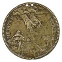 Bronze medal of two hands descending from clouds and scattering coins onto a hilly landscape wi…