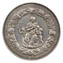 Silver medal depicting Charity personified, nursing one child and flanked by two others bathed …