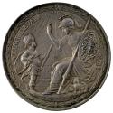 Silver medal of Minerva with a Gorgoneion shield and a lance and an owl at her feet. Her right …