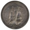 Silver medal depicting a naval battle with ship sinking in foreground