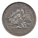 Silver medal depicting a lion-like monster with a serpent’s tail and the heads of nine differen…