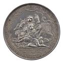 Silver medal depicting a lion-like monster with a serpent’s tail and the heads of nine differen…