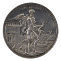 Silver medal depicting a winged Saturn pouring coins out of a cornucopia and into a brick chimn…