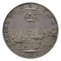 Silver medal depicting two frigates at sea surrounded by 22 small boats