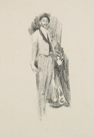 Black and white lithograph of a man standing in three-quarter view, wearing a late-nineteenth c…