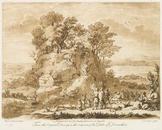 Brown mezzotint of Christ preaching to the apostles on a wooded hilltop with a large crowd gath…