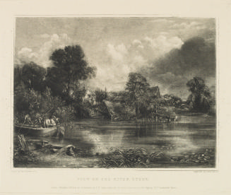 Black and white print of a landscape of the English countryside with a small boat crossing a ri…
