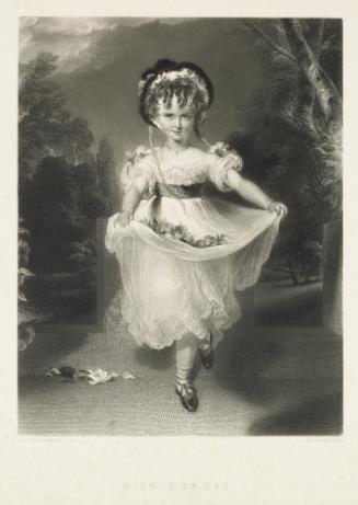 Black and white print of a little girl in a landscape wearing a white dress with a wide sash an…