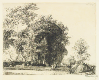 Black and white print of two figures walking along a wide country road bordered on the left sid…