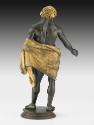 Back of a bronze sculpture of Hercules.  He stands upright, his right arm is stretched out to h…