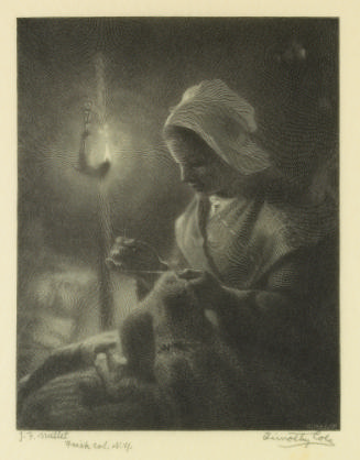 Black and white ink image of woman sewing by firelight