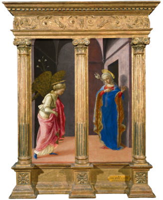 tempera painting of the angel Gabriel announcing to the Virgin Mary that she would conceive and…