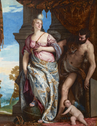 oil painting of a standing woman wearing a pink dress, a semi-nude man draped in a lionskin, an…