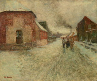 A scene with snow on the ground, there is a brick building on the left side with various other …