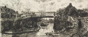 Black and white etching of a bridge over a small creek with houses on either side. A woman is w…