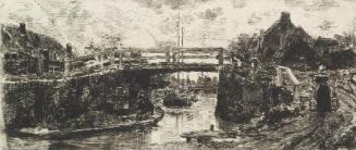 Black and white etching of a bridge over a small creek with houses on either side. A woman is w…