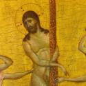 close-up of a tempera painting of the flagellation of Christ against a gold background