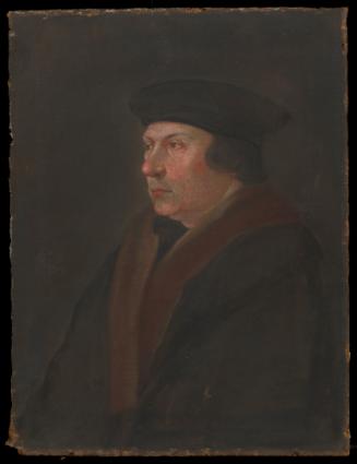 Gouache drawing of Thomas Cromwell wearing a hat and fur coat in three-quarter view facing to t…