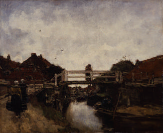 Oil painting of a landscape with a bridge over water