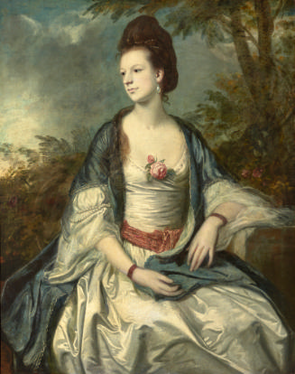 Oil painting of sitting woman wearing blue and white dress