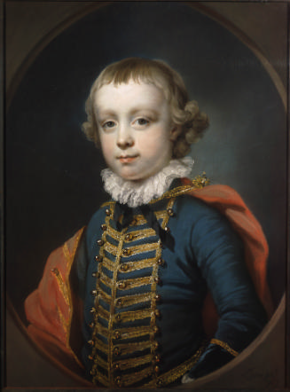 Pastel drawing of boy wearing blue coat