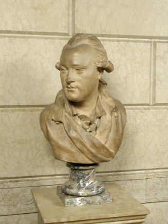 Terracotta bust of Peter Adolf Hall. He looks over to his right, and has a short wig on, parted…