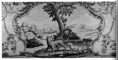 Detail of leapord and fox in landscape on a tapestry Canapé Showing Grotesque Compositions on B…