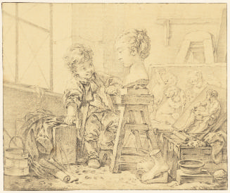 Chalk drawing of a young boy sculpting a female marble bust in a sculptor's studio with reliefs…