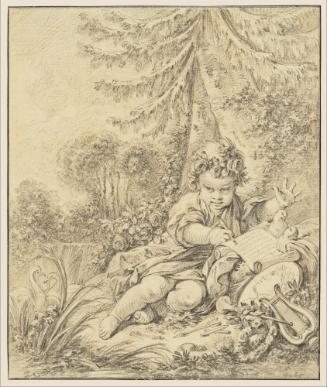 Chalk drawing of a seated young boy in a wooded landscape beside a small pond writing on a scro…