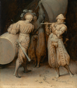 Oil painting of three soldiers holding musical instruments