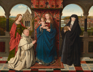 Oil painting of Virgin holding Christ child in between two standing and one kneeling figure
