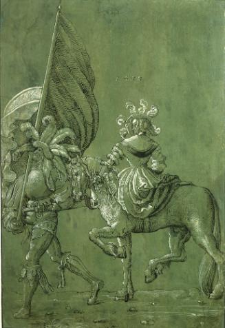 Pen and ink drawing on green paper of soldier in armor with plumed helmet carrying a flag and l…