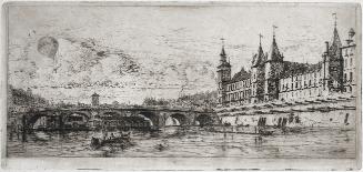 Black and white etching of a bridge with buildings along the right side of the river and a hot …