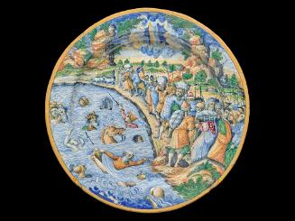 Large circular plate showing figures on land and sea, in color