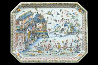 Large rectangular platter decorated with an oriental landscape in color