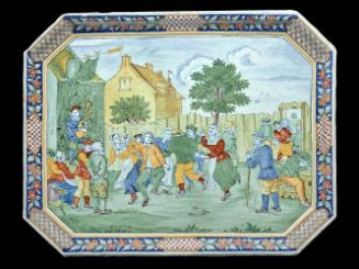 Large rectangular platter with an elaborate figurative scene and decorative border, in color